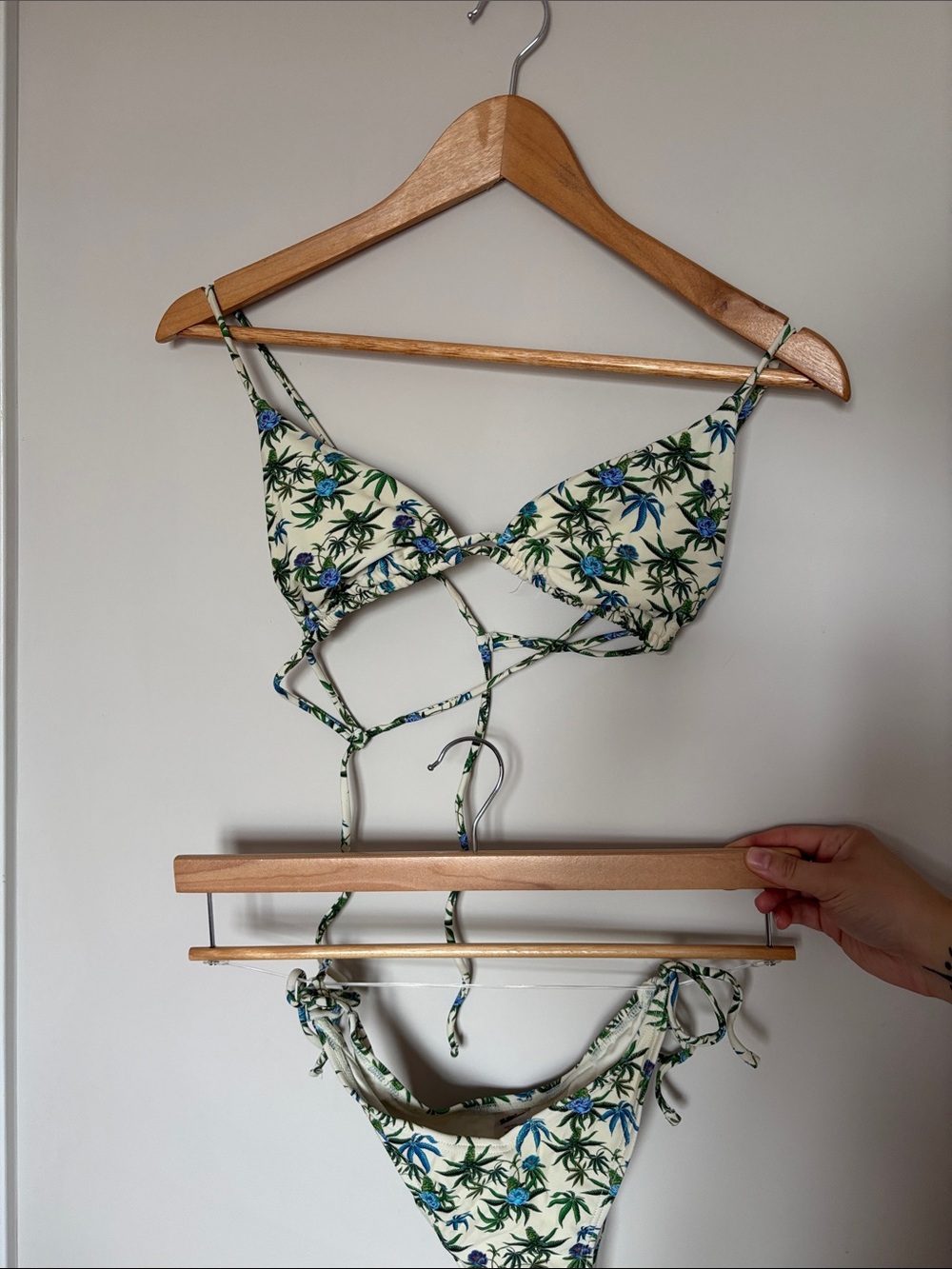 Your Highness Blue Floral Cannabis Print String Bikini Set | Size S